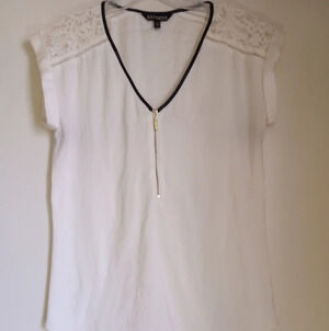 Express vegan leather trimmed vneck half zip with lace inserts satiny blouse